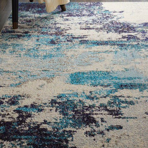 2' X 4' Ivory And Teal Blue Abstract Power Loom Non Skid Area Rug